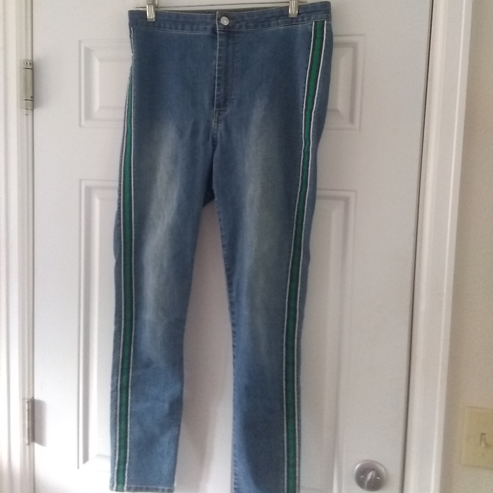 H&M Divided High Waist Green Stripe Jeans Sz 10